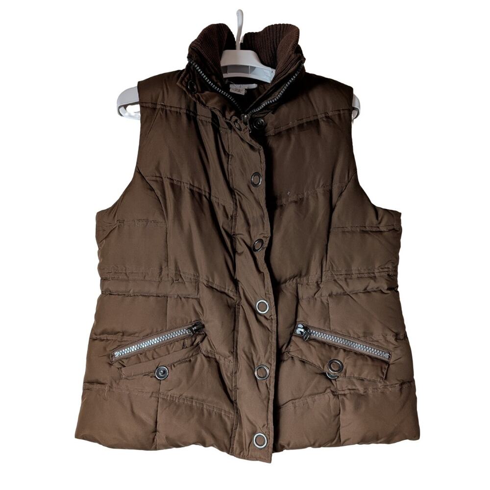 K Jordan Puffer Vest Brown Hooded Quilted Full Zip And Button Up Women's Size M View 3